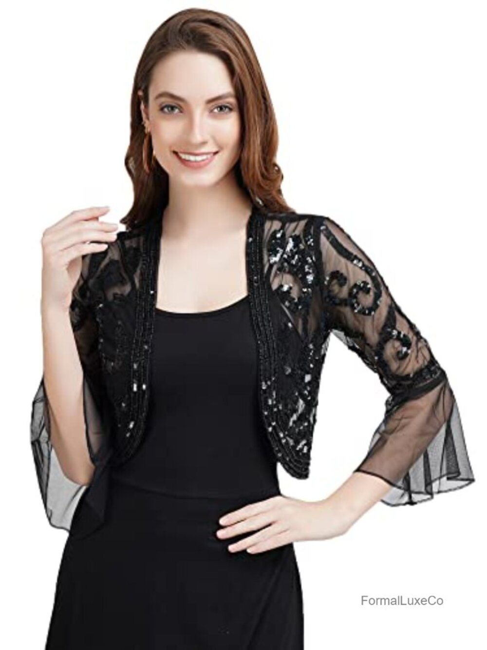 Hand Embroidered Sequin Net Shrug Flared Sleeves